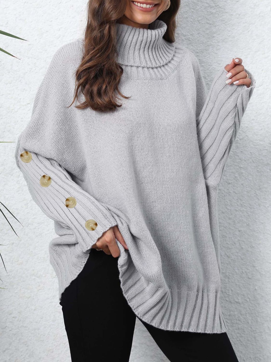 Turtleneck Long Sleeve Sweater Light Gray One Size