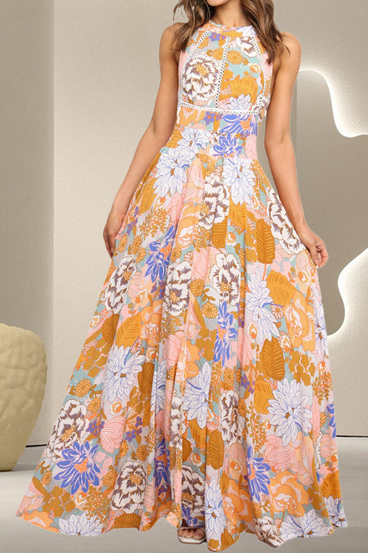 Tied Printed Grecian Sleeveless Maxi Dress Floral