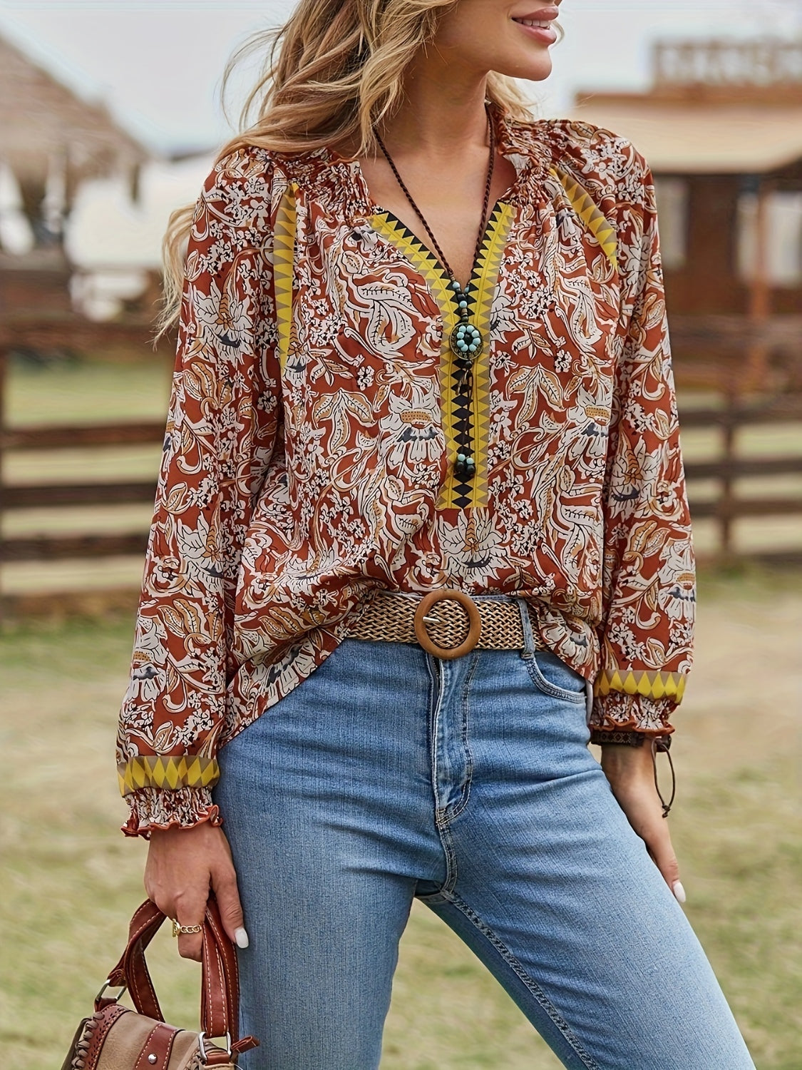 Full Size Printed Notched Long Sleeve Blouse - Thandynie