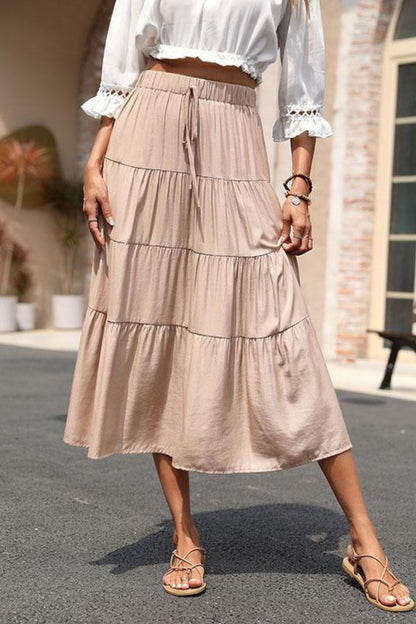 Elastic Waist Tiered Midi Skirt Khaki