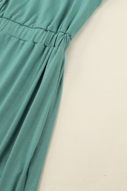 Green Button Up High Waist Long Sleeve Dress