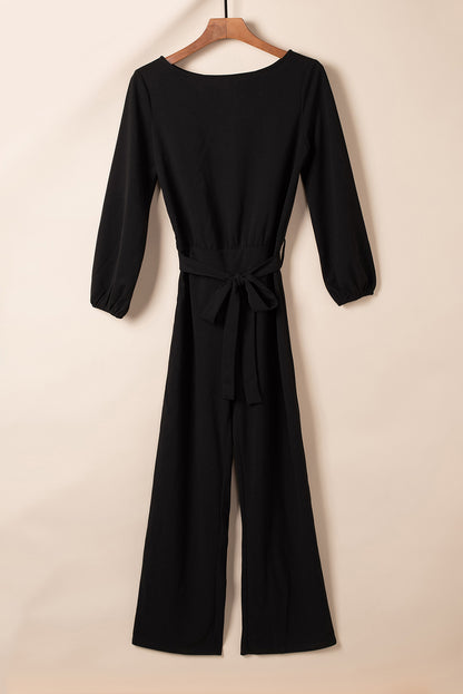 Boat Neck Tie Belt Jumpsuit Black