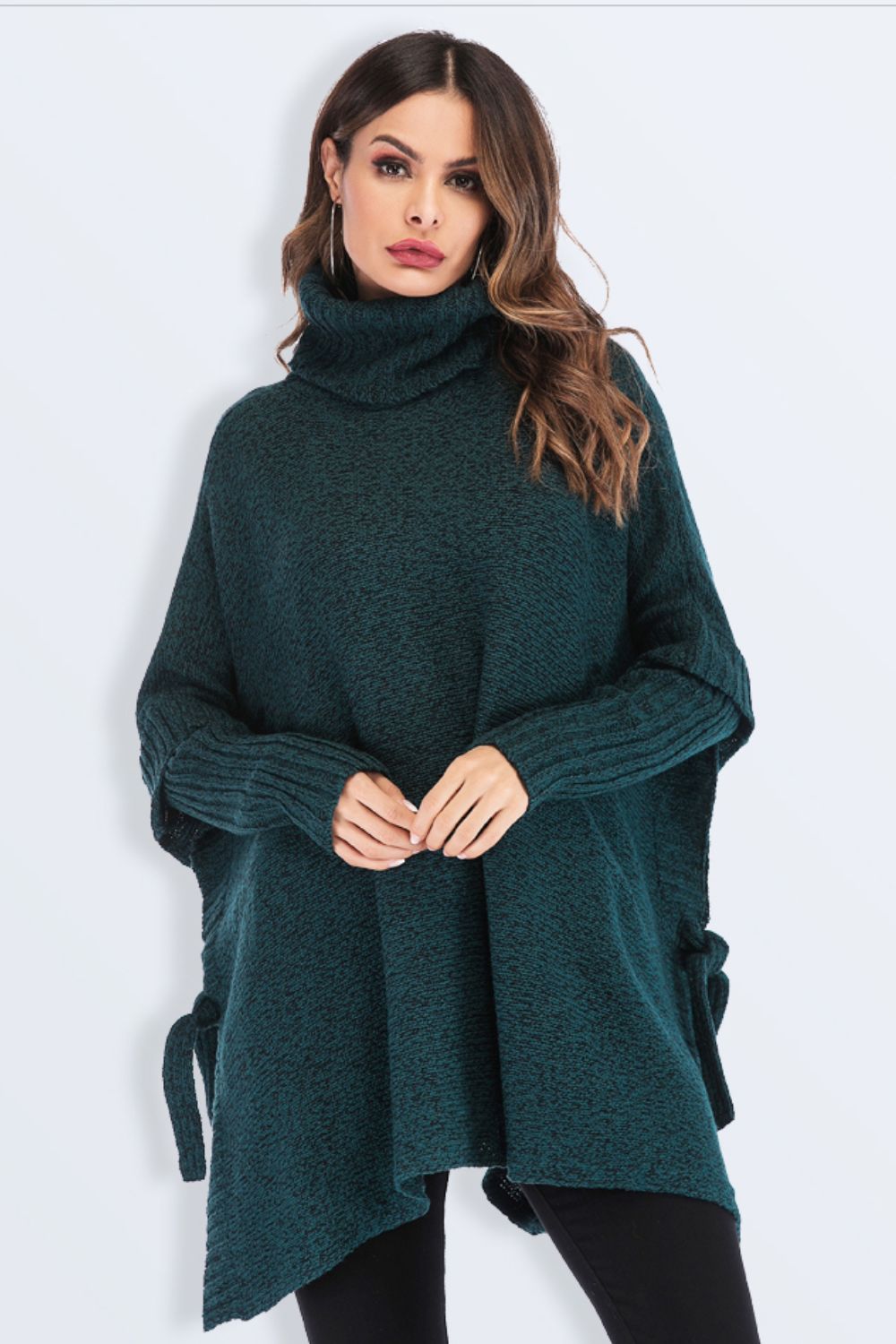 Tied Turtleneck Asymmetrical Hem Sweater Green