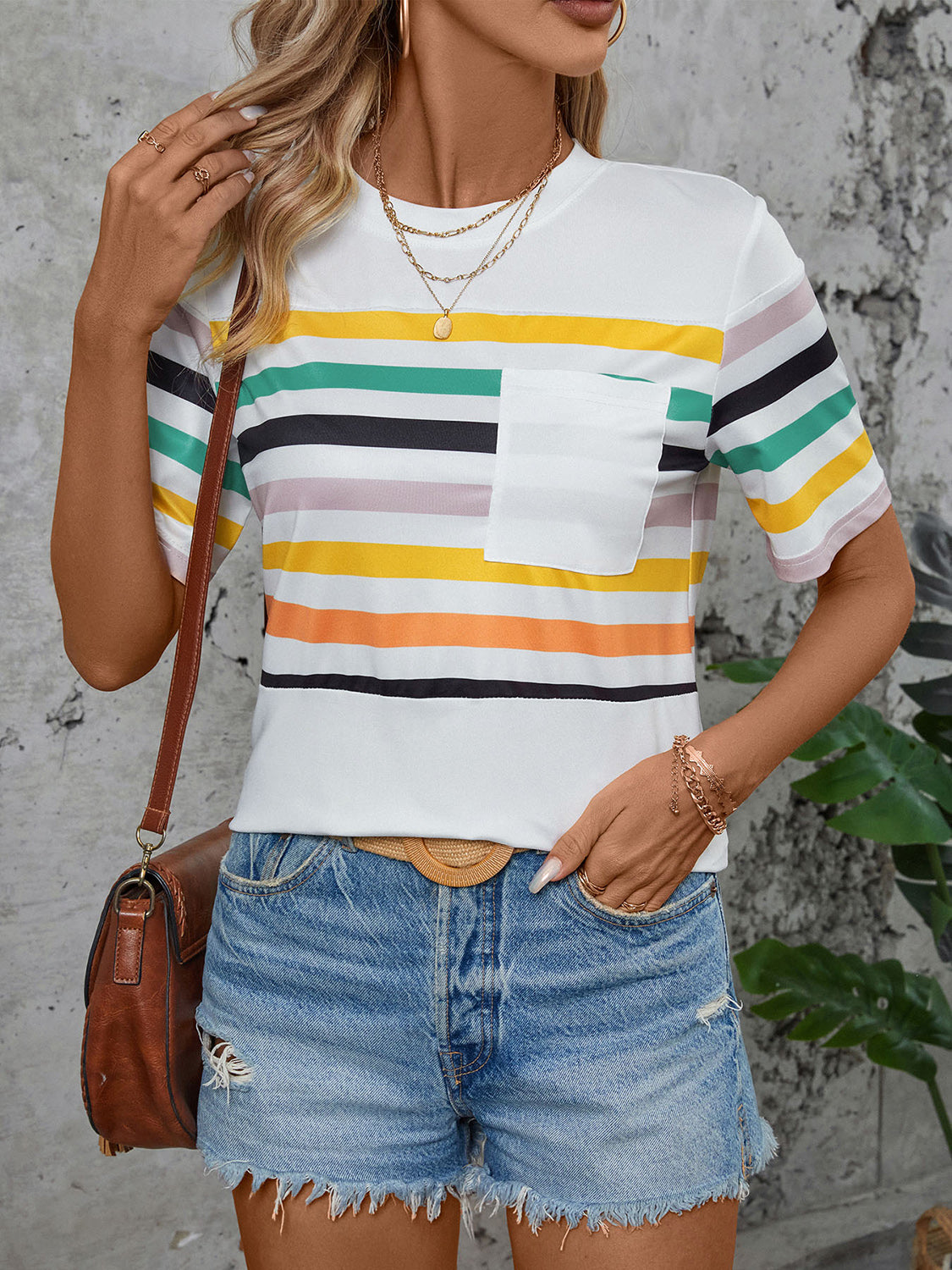 Striped Round Neck Short Sleeve T-Shirt White