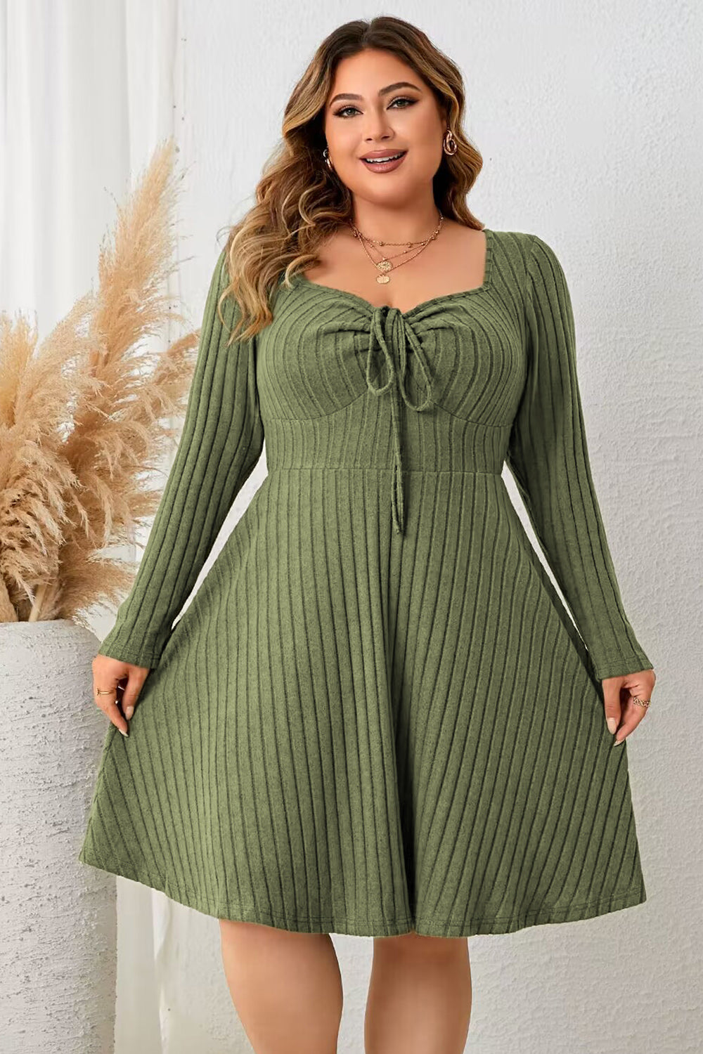 Plus Size Sweetheart Neck Long Sleeve Ribbed Dress - Thandynie