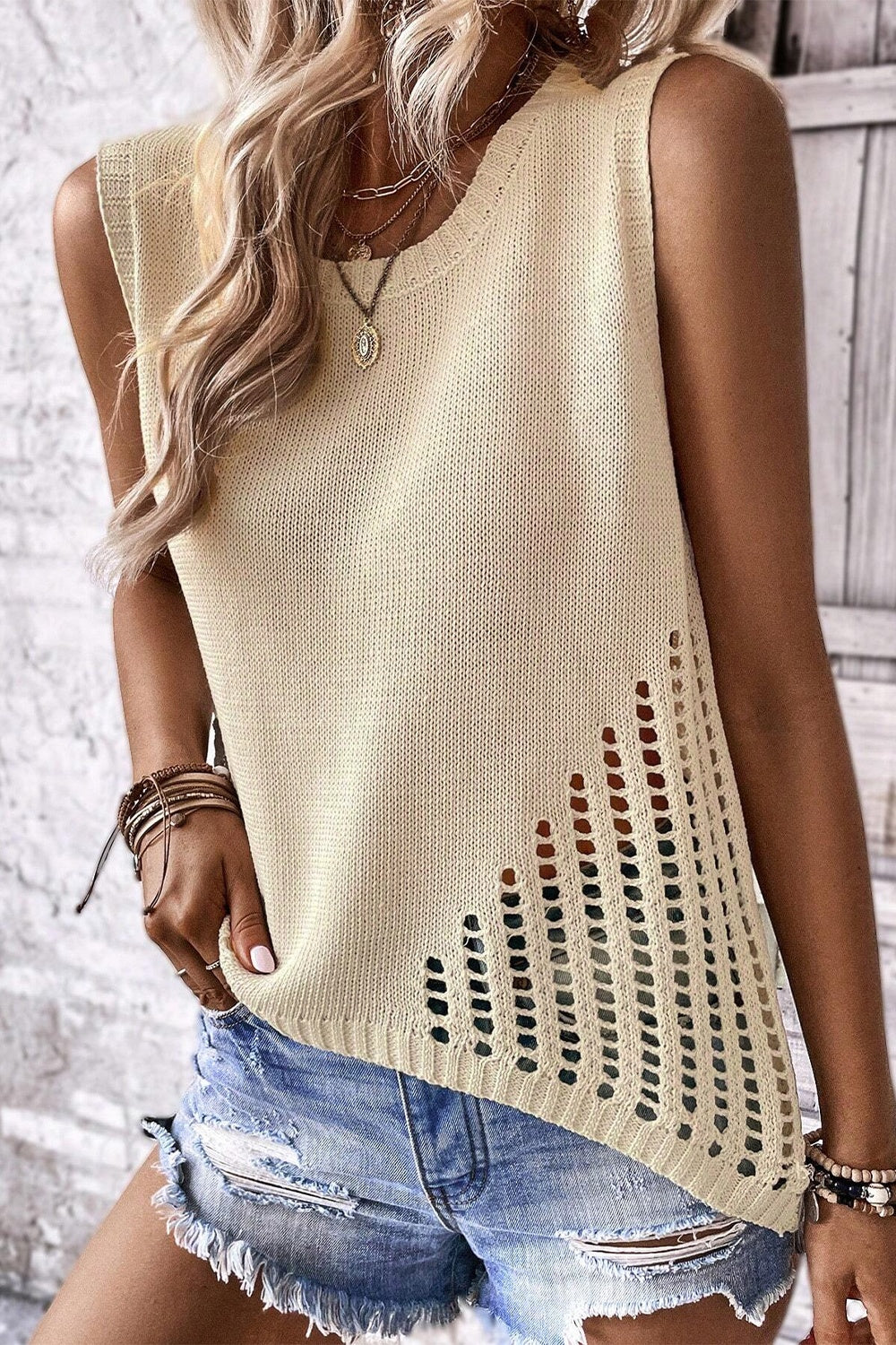 Openwork Round Neck Knit Vest Ivory