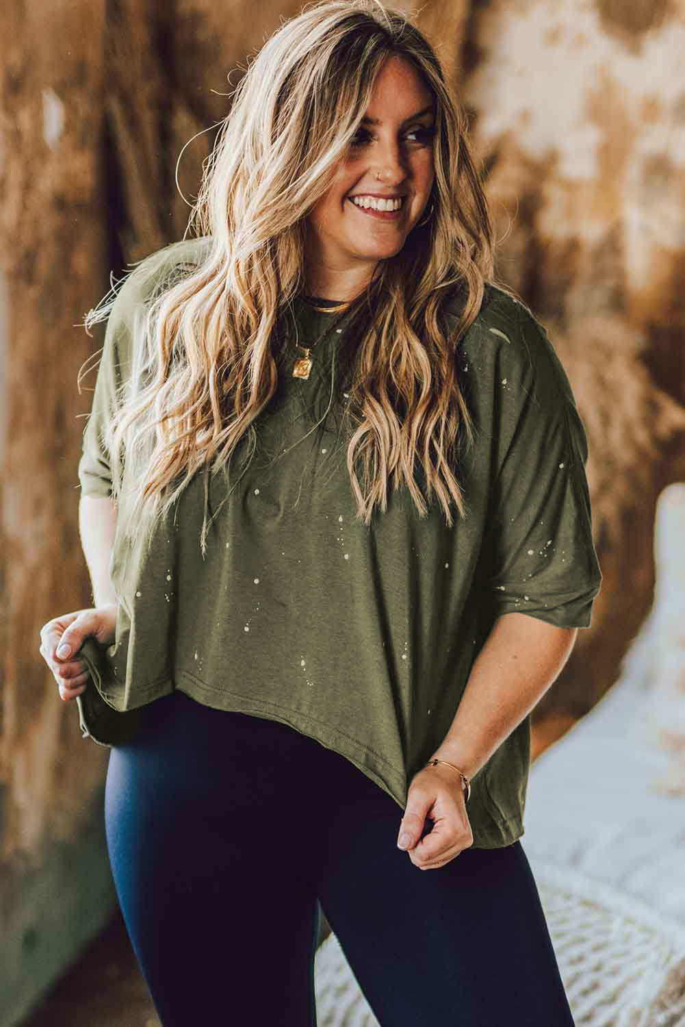 Plus Size Round Neck Half Sleeve Blouse Army Green