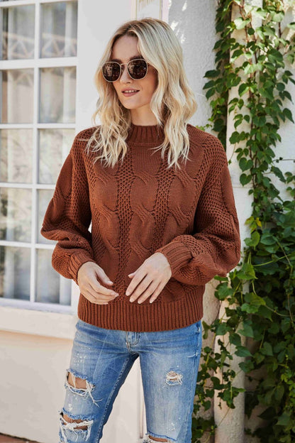 Mixed Knit Crewneck Drop Shoulder Sweater Brown