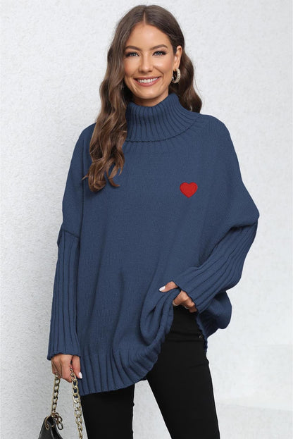 Turtle Neck Long Sleeve Ribbed Sweater Dark Blue One Size