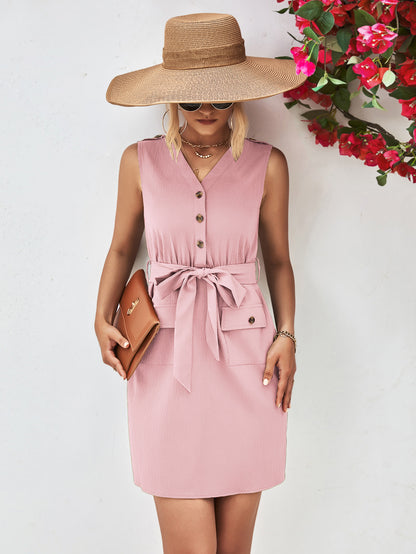 Buttoned V-Neck Belted Sleeveless Dress Blush Pink