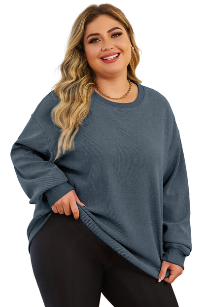 Blue Plus Size Corded Round Neck Sweatshirt