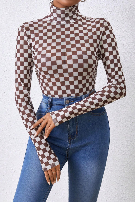 Brown Checkered Printed Long Sleeve High Neck Bodysuit Brown 95%Polyester+5%Elastane