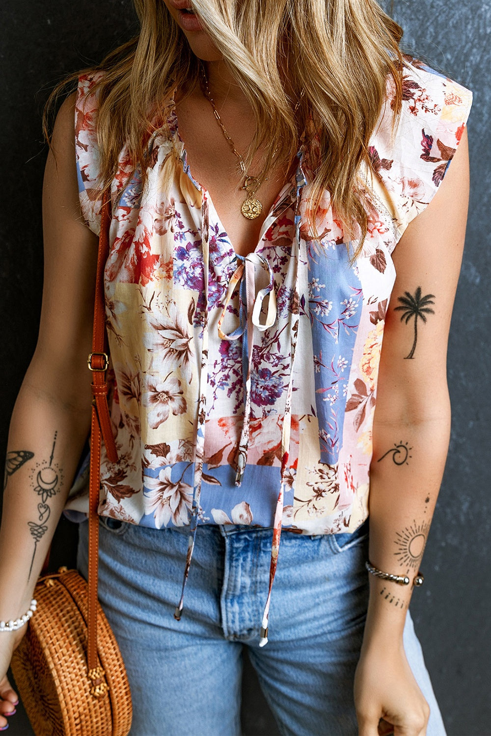 Printed Tie Neck Cap Sleeve Blouse Floral