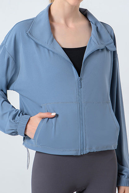 Drawstring Zip Up Dropped Shoulder Active Outerwear Light Blue