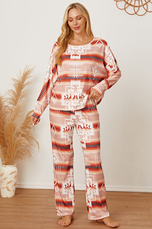 MeiMei Striped Geometric Top and Pants Lounge Set Apricot