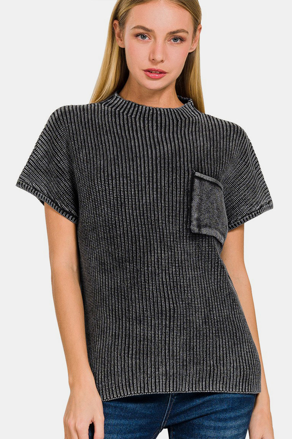 Zenana Pocketed Mock Neck Short Sleeve Sweater BLACK