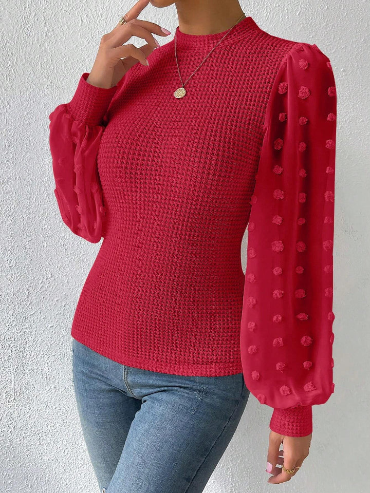 Swiss Dot Waffle-Knit Lantern Sleeve T-Shirt - Thandynie