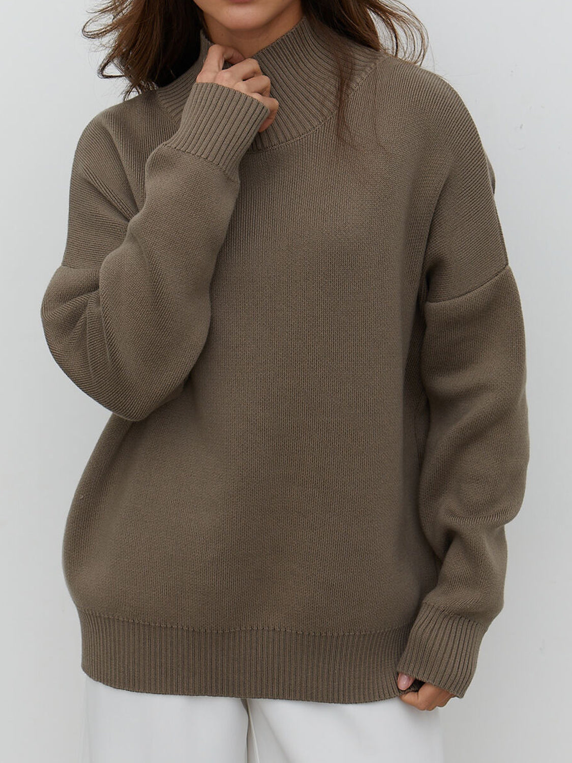 Mock Neck Dropped Shoulder Sweater Olive Brown One Size