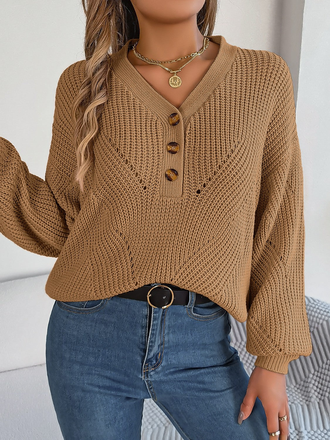 Openwork Half Button Lantern Sleeve Sweater Camel