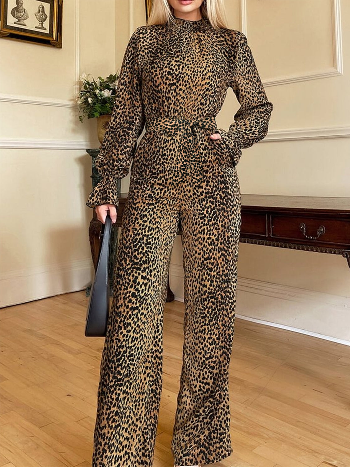 Leopard Flounce Sleeve Wide Leg Jumpsuit Leopard