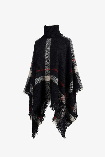 Plaid Turtleneck Raw Hem Poncho