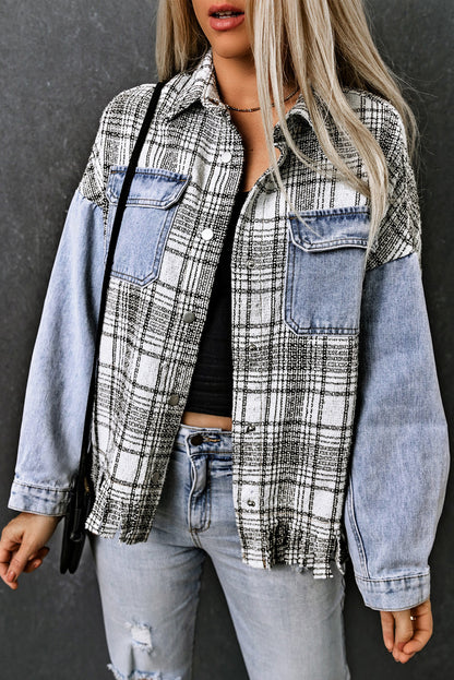 Plaid Pocketed Snap Down Denim Jacket Light