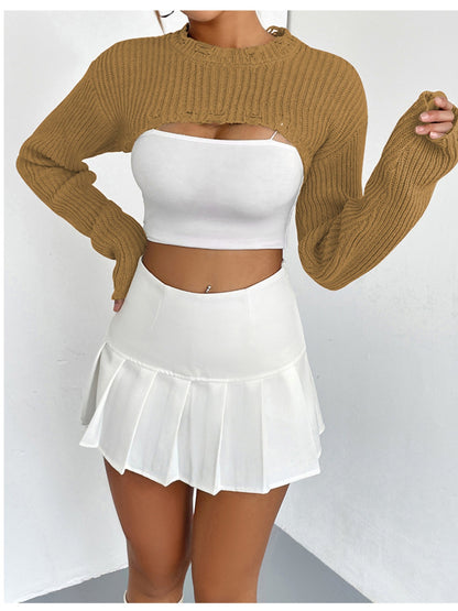 Distressed Long Sleeve Cropped Sweater Tan