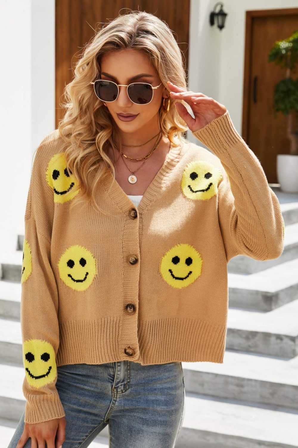 Smiley Face Ribbed Trim V-Neck Cardigan Camel