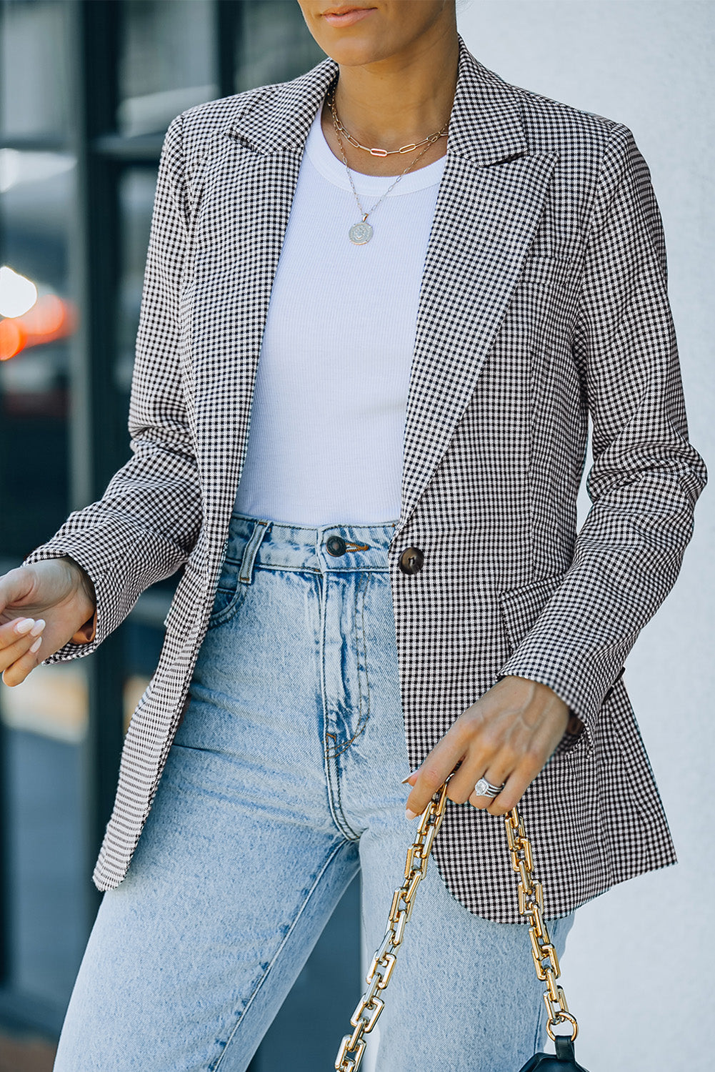 Plaid Lapel Collar Button Cuff Blazer Black