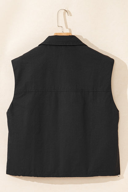 Black Flap Pockets Zip Up High Neck Vest