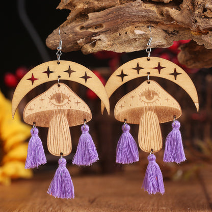 Moon & Mushroom Tassel Detail Dangle Earrings Lavender One Size