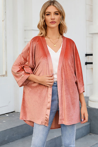 Pink Retro Velvet Wide Sleeves Cardigan Pink 95%Polyester+5%Elastane