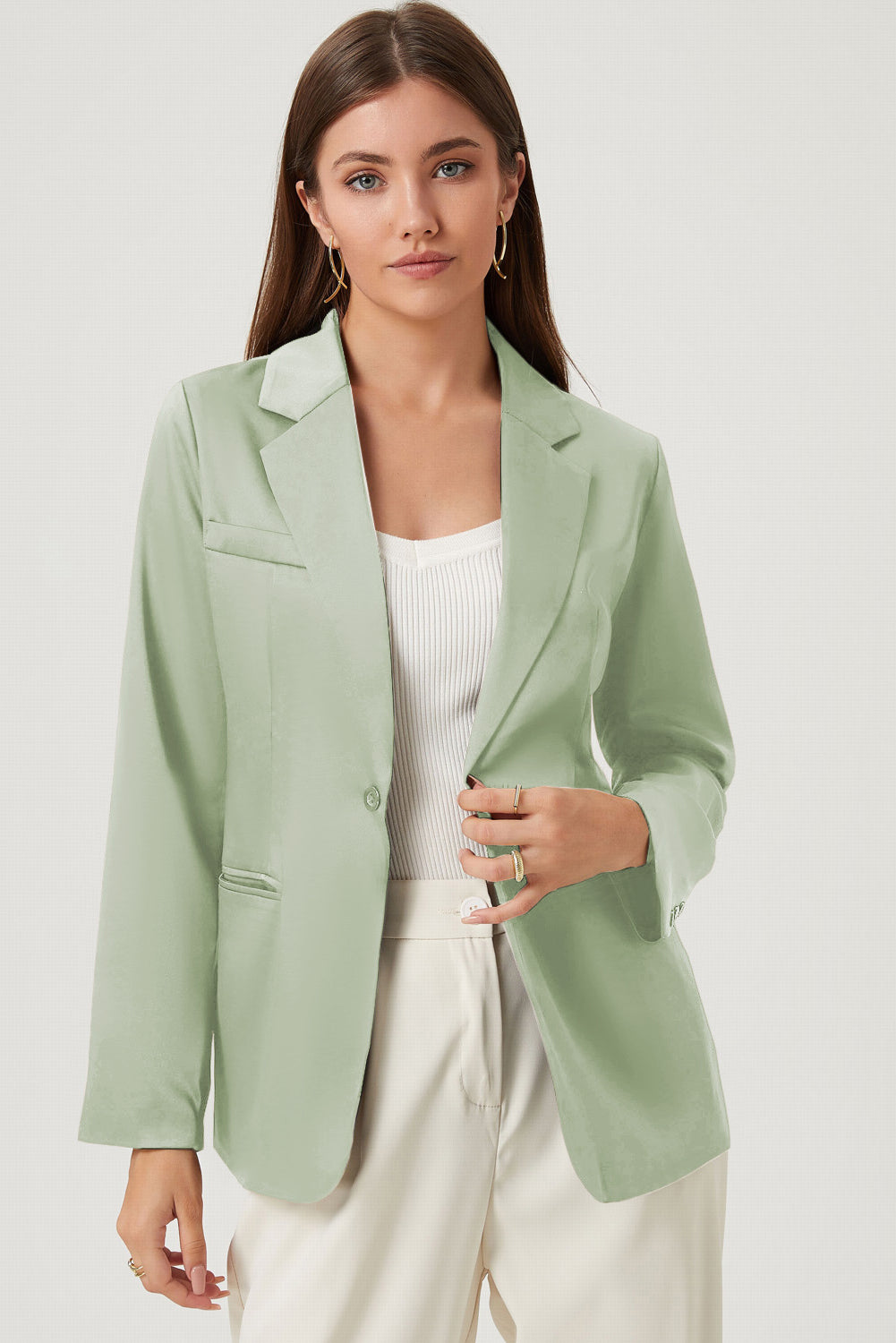 Long Sleeve Lapel Collar Blazer Gum Leaf