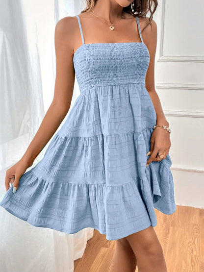 Smocked Tiered Sleeveless Mini Dress - 100% Polyester, Opaque, Chic Summer Style Light Blue