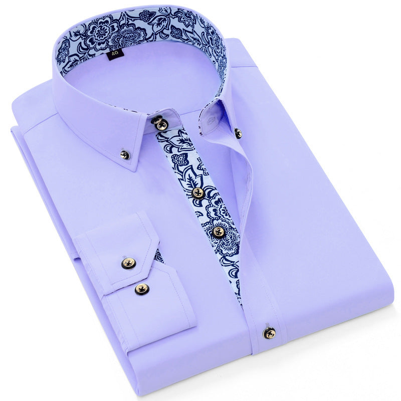 Blue And White Porcelain Collar Business Casual Long Sleeve Shirt Men Light Purple