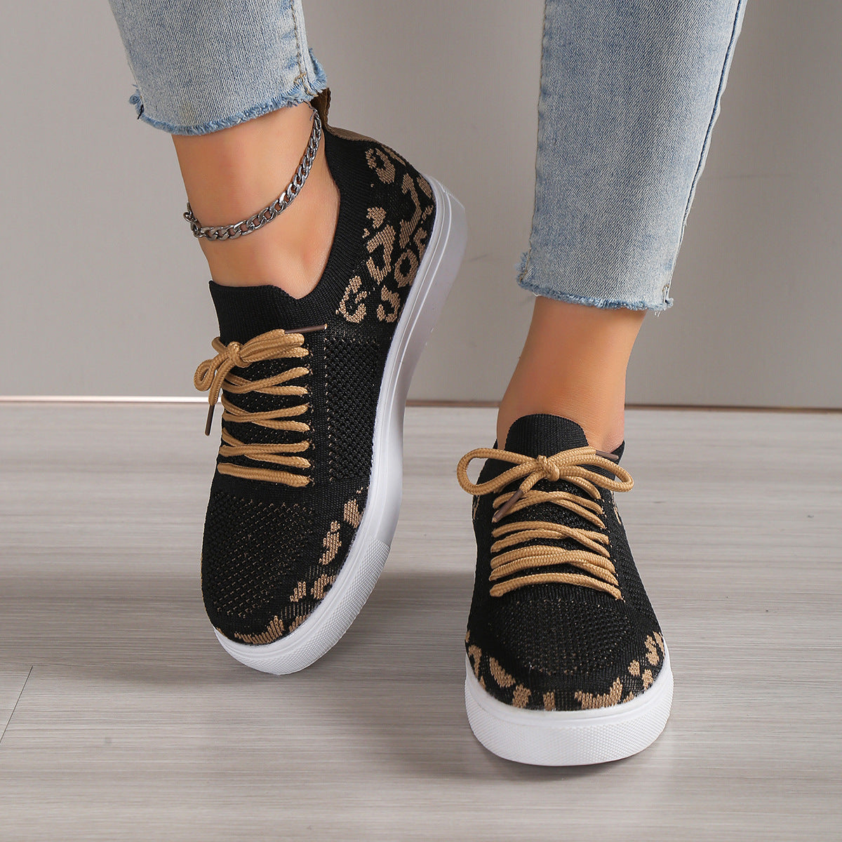 Lace-Up Leopard Flat Sneakers Black