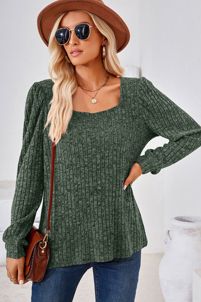 Ribbed Square Neck Long Sleeve T-Shirt