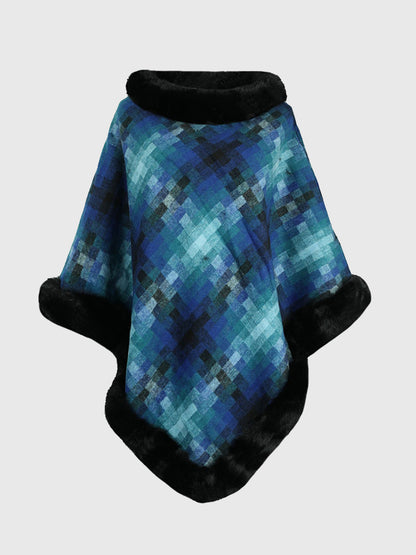 Faux Fur Trim Poncho Peacock Blue One Size