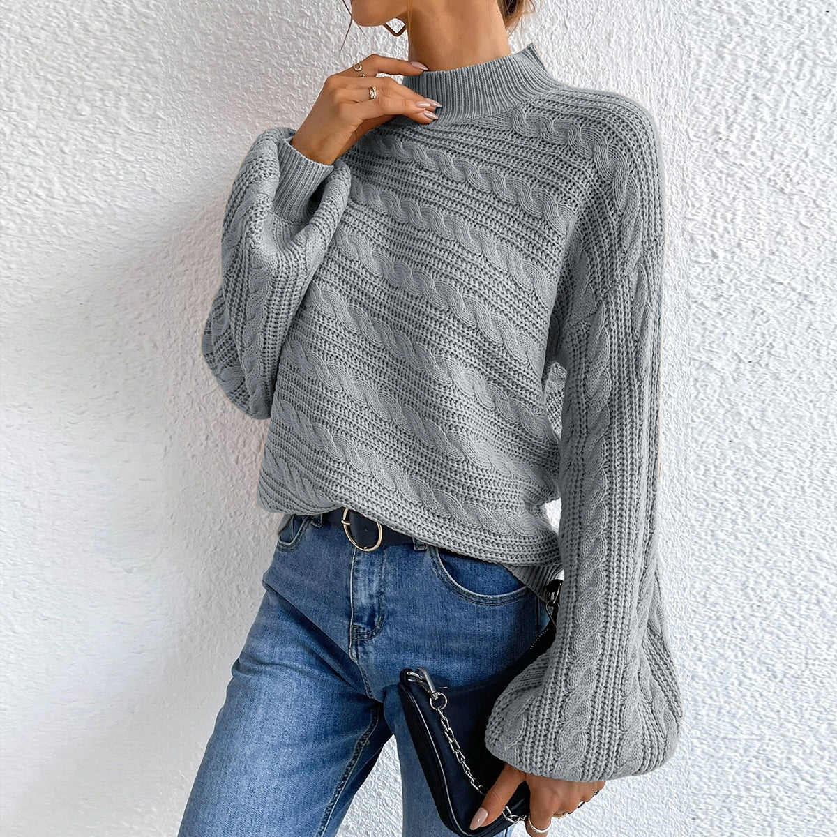 Cable-Knit Mock Neck Long Sleeve Sweater