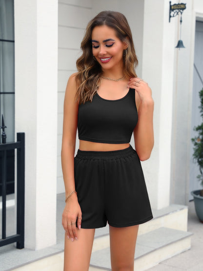 Scoop Neck Tank and Shorts Set Black