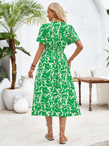 Printed Surplice Short Sleeve Midi Dress