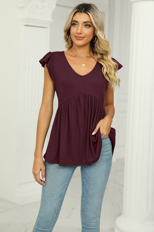 V-Neck Flutter Sleeve Babydoll Blouse Wine