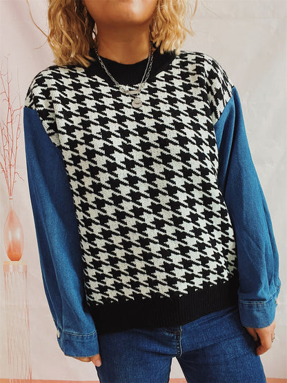 Houndstooth Denim Sleeve Sweater Black