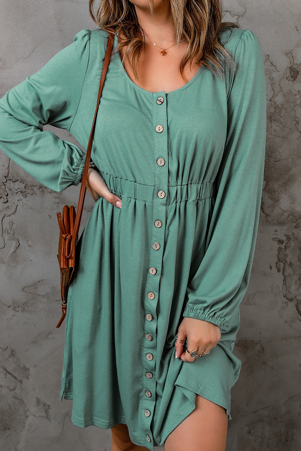 Green Button Up High Waist Long Sleeve Dress Green 95%Polyester+5%Elastane