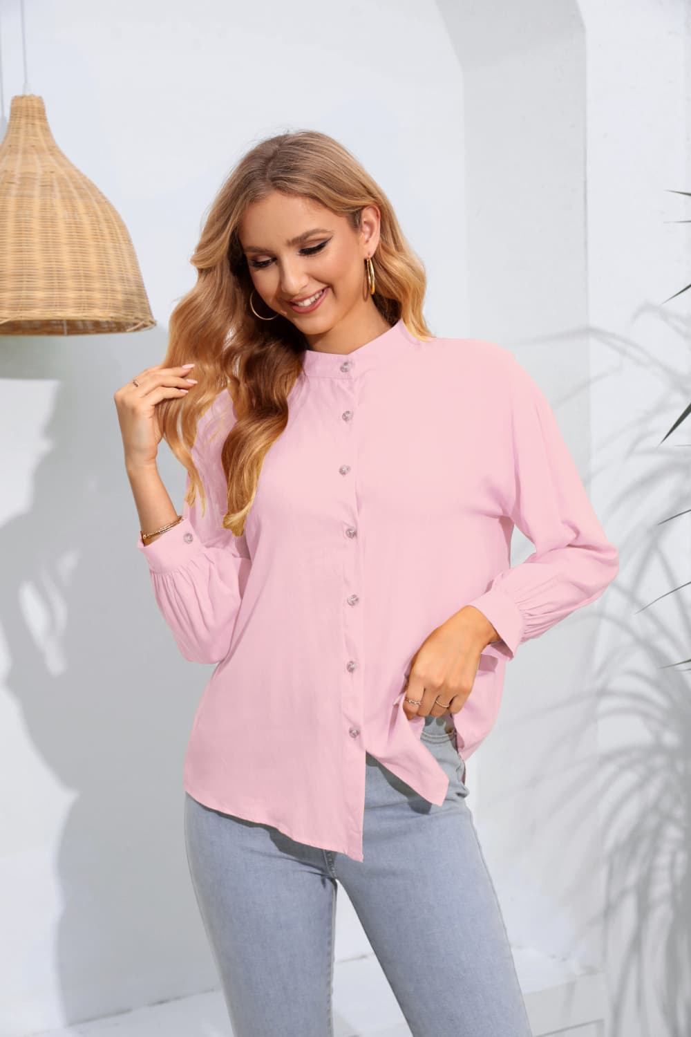 Mock Neck Buttoned Long Sleeve Shirt Pink