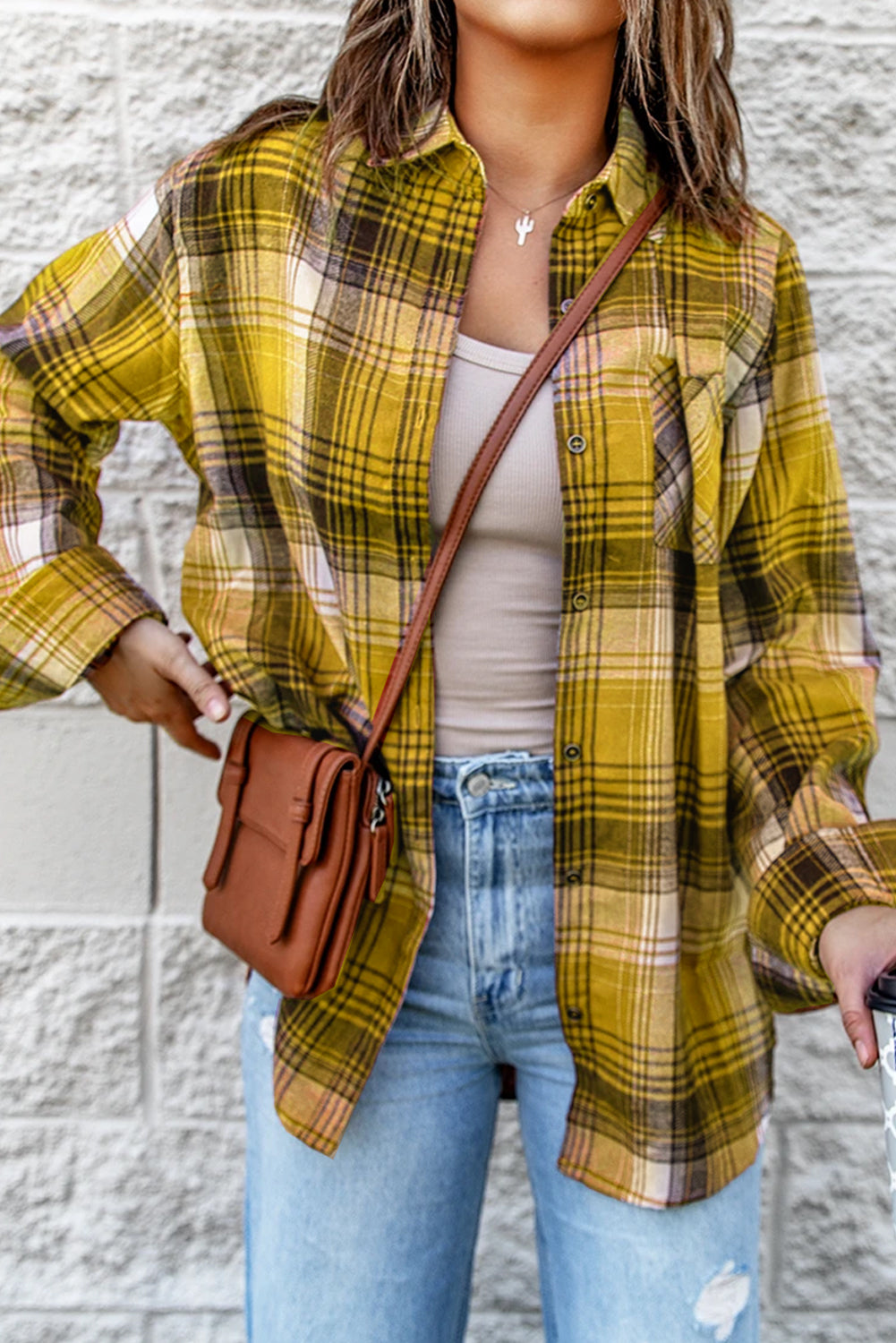 Pocketed Plaid Button Up Long Sleeve Shirt