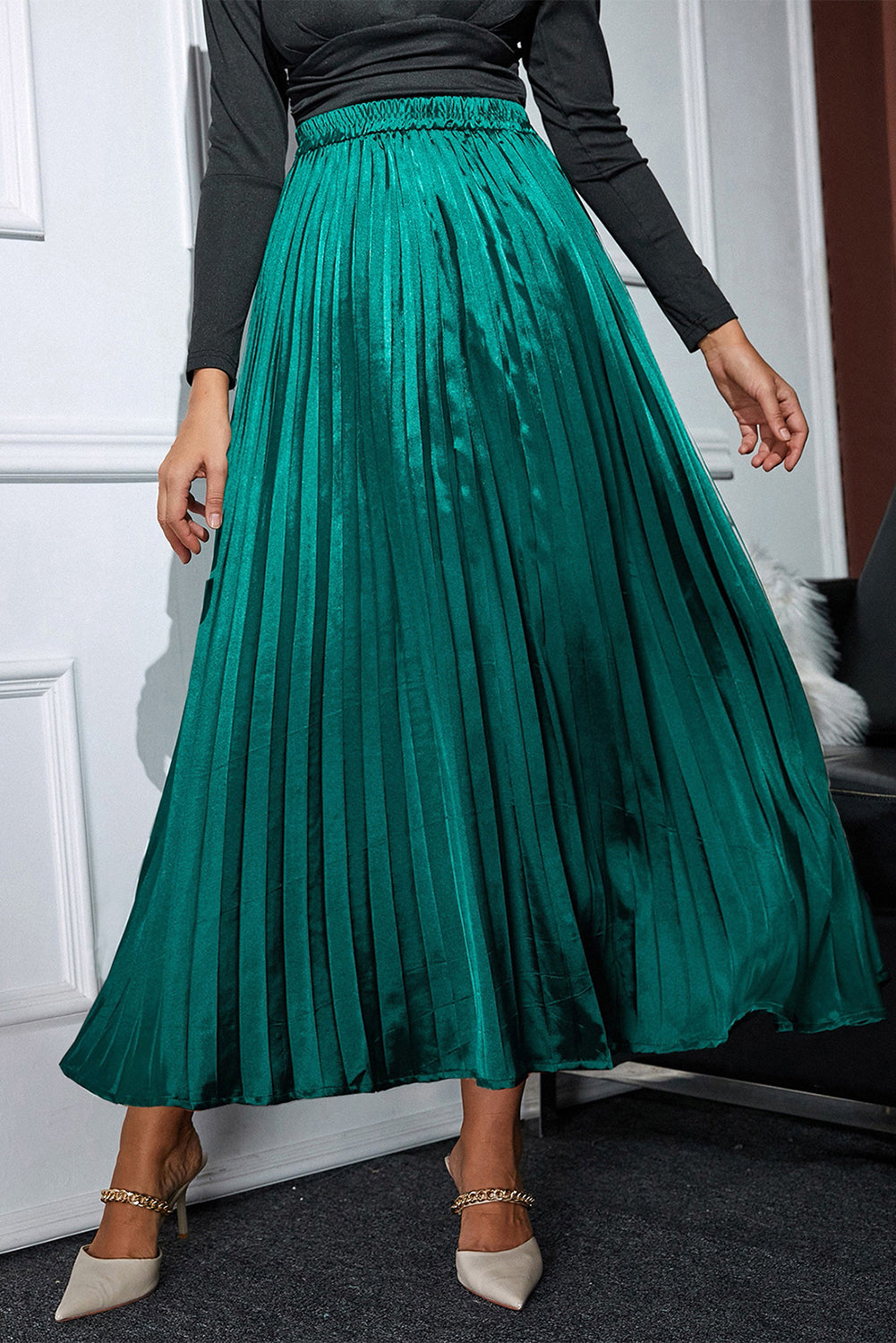 Blackish Green Satin Elastic Waist Pleated Maxi Skirt Blackish Green 100%Polyester