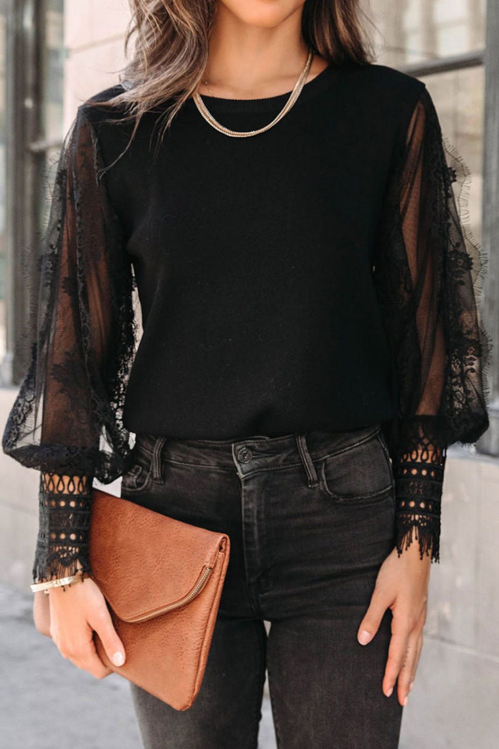 Lace Detail Mesh Lantern Sleeve Blouse Black