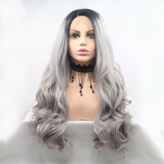 13*3" Lace Front Wigs Synthetic Long Wavy 24" 130% Density Black Grey One Size