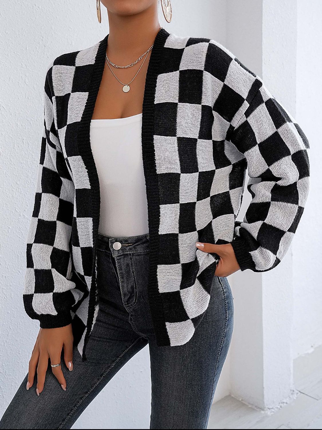 Checkered Open Front Long Sleeve Cardigan Black White